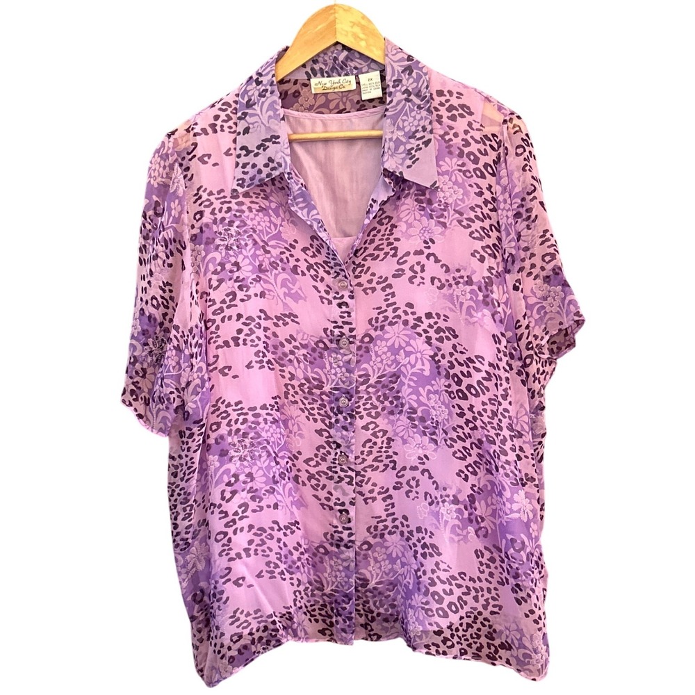 Vintage NYC Design Co Silk Floral Leopard Print Blouse 2X Purple Sheer Boho Chic